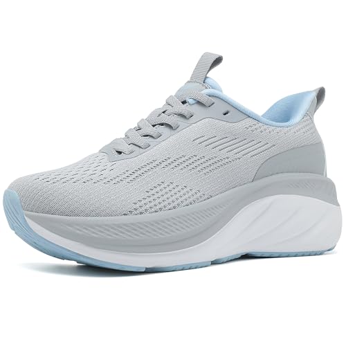 Wondamo Women's Slip On Walking Shoes Cushioning Breathable Tennis Running Shoes Non-Slip Comfortable Gym Workout Athletic Fashion Sneakers, Grey/Blue, 7 US Women