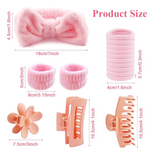 Zaritaffy 16pcs Skincare Headband Set, Headband Set for Face Washing Spa and Makeup, Including 1 Hairband, Wristband, 3 Hair Claw Clips and 10 Hair Ties, with Box, and Girls, Pink