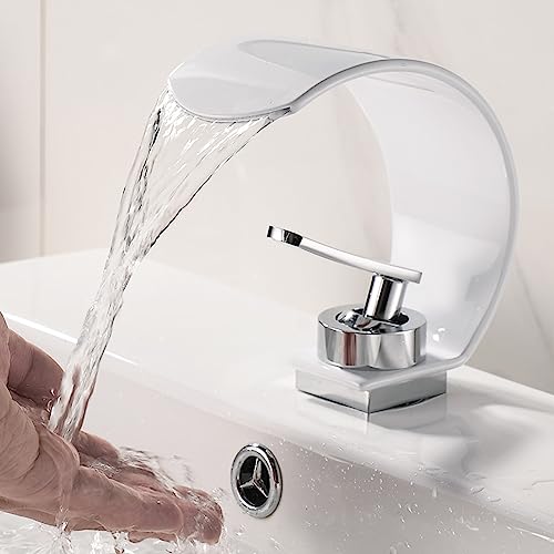 Grifo lavabo cascada sin salpicaduras monomando curvo de acero inoxidable blanco para aseo 5