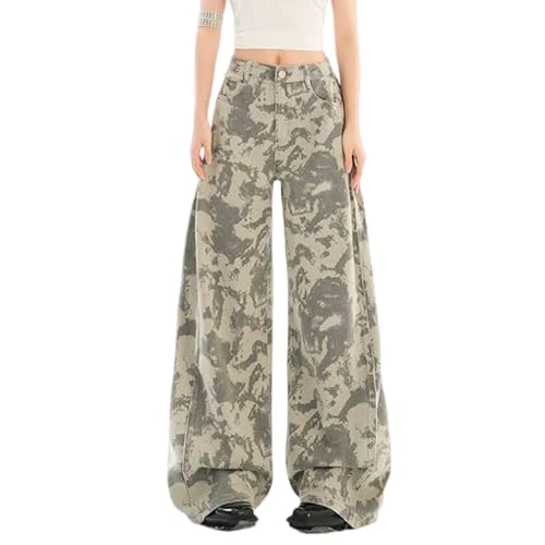Women's Retro Camouflage Style Wide Leg Pants, Street Trend Straight Leg Pants high Waisted Jeans for Women
