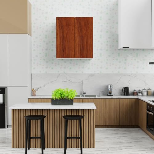 Image of 2 Door Multipurpose Wall Mounted Cabinet with Adjustable & Fixed Shelf | Storage for Modular Kitchen, Office & Living Room | Assembly-DIY | Color-White & Cherry Pine | Size-60x33x63.8 Cm