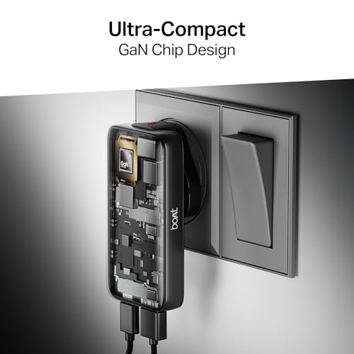Image of boAt 65W GaN Nano Charger, Fast Charging PD, PPS & QC 3.0 in Ultra-Slim Body,Foldable US Flat Pins & Snap-On Indian Round-Pin; GaN Chip Tech; USB-C & USB-A Output, Free Type-C to C Cable(Carbon Black)