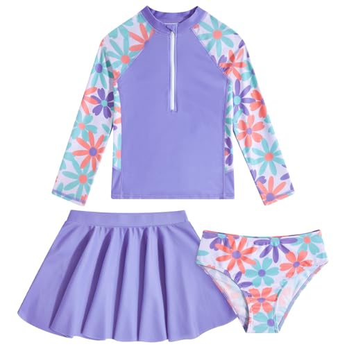 Image of Girls Rash Guard 3 Piece Swimsuit Set UPF 50+ Long Sleeve Swim Skirt Sets Size 6-12 Years