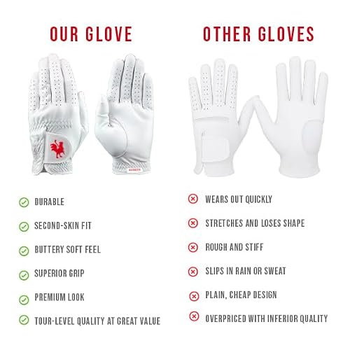 RED ROOSTER Sussex Premium Golf Glove, Cabretta Leather, White, Ultra-Thin Tournament Design (Medium/Large, Worn on Left Hand)
