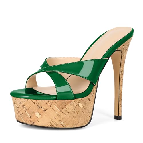 Image of Esvowido Heeled Mules for Women Cork Platform Stiletto Heels Slip on Open Toe High Heeled Sandals Crisscross Slippers Pumps Shoes