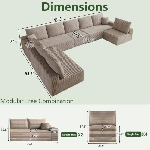 Image of Oversized Modular Sectional Sofa Couch, Large 8 Seater Corner Sofa Modern U Shaped Sectional Couch Cloud Couches for Living Room, Office, Spacious Space, Corduroy, No Assembly Required, Camel