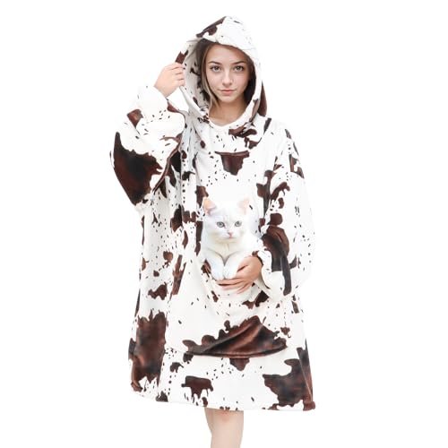 cow print Wearable Blanket Hoodie for Adults - Oversized Cozy Warm Sweater Blanket with sleeves for Home Camping - Christmas/Birthday Gifts for Women & Men