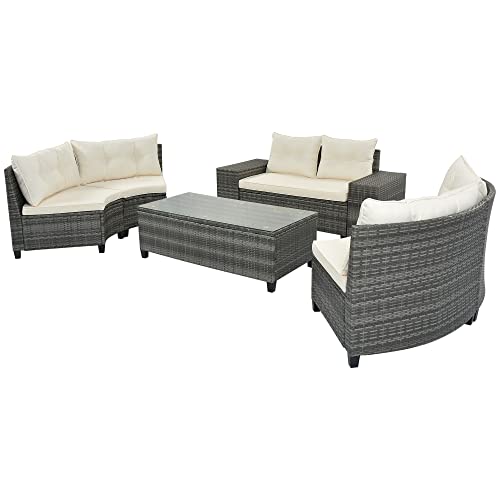 Yswh 8-Piece Half Moon Outdoor Sectional Furniture Cushioned Sofa Set, All-Weather Pe Wicker Patio Curved Conversation Sets With Rectangular Coffee Table And Side Tables #TOP7