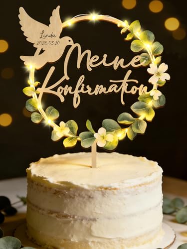 Tortendeko Konfirmation mit LED Lichterkette Meine Konfirmation Cake Topper Holz Eukalyptus Tortenstecker Deko Junge Mädchen Geschenke Gastgeschenke Konfirmationsgeschenke Junge Mädchen