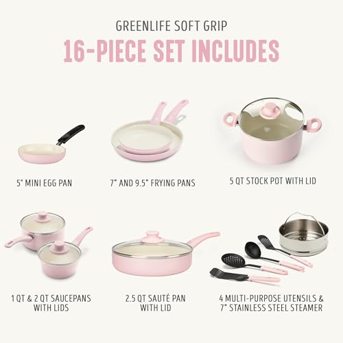 GreenLife CC002377-001 Ceramic Cookware Set, 1Qt covered saucepan, 2Qt covered saucepan, 5Qt covered stockpot, 2. 5Qt covered saute pan, 16 Piece (Soft Pink)