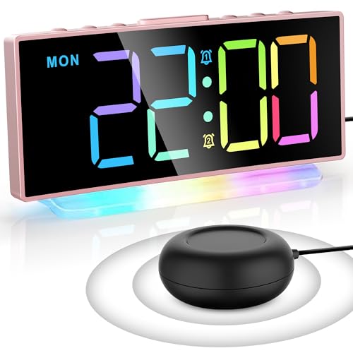 Głośny Wibrujący Budzik z wytrząsarką do łóżka,Cyfrowy Budzik RGB z 8-Kolorowym Dużym Wyświetlaczem,Lampka Nocna,2 Alarmy,Cyfrowy Zegar Biurkowy dla Osób śpiących Ciężko,Niedosłyszący,Dzieci,Sypialnia