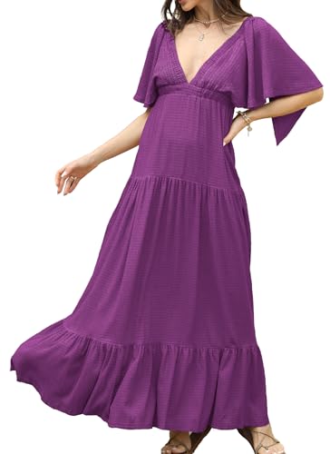 Image of Kikibell Women Summer Dresses Sexy V-Neck Maxi Dress Tiered Silhouette with Flutter Sleeve Backless Elastic Waist Flowy Dress