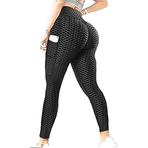 CFR High Waist Gym Leggings for Womens Bubble Honeycomb Waffle Textured Leggings with Pockets Scrunch/Ruched Butt Bum Lift Leggings Tummy Control Stretchy Anti Cellulite Sculpting Yoga Pants Black L Cover