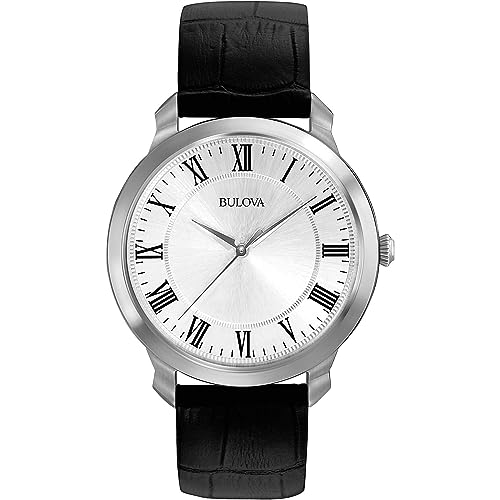 Bulova Men's Classic 3-Hand Quartz Black Leather Strap Watch, Roman Numeral Markers, 41mm