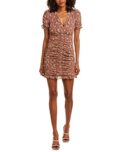 ASTR the label Women's Short Sleeve V-Neck Shirred Bodycon Mini Dress, Taupe Multi Floral, XS