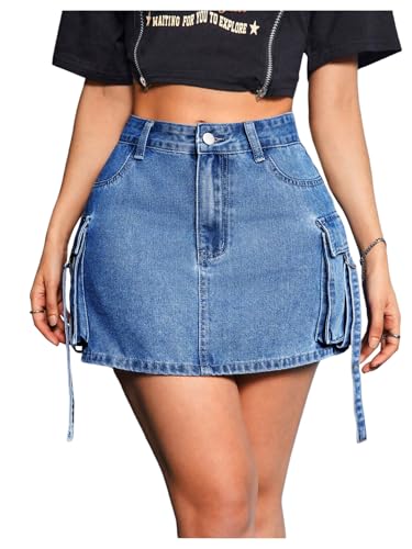 MakeMeChic Women's Denim Skirt Button Y2k Mini Cargo Jean Skirts with Flap Pocket