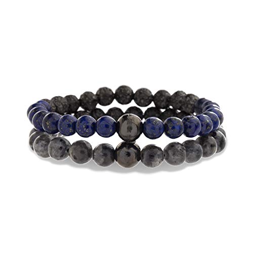 Steve Madden Gunmetal Stainless Steel Hammered Grey and Blue Stone Beaded Stretch Bracelet Set for Men, One Size (SMBS598825GU-ML)