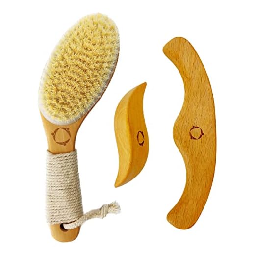 Dry Brushing Body Brush for Lymphatic Drainage-Vegan Dry Brush with Contoured Non-Slip Handle +Wood Therapy Massage Tools. Maderoterapia Kit, Gua Sha, Anti-Cellulite, Body Sculpting, Sensitive Skin