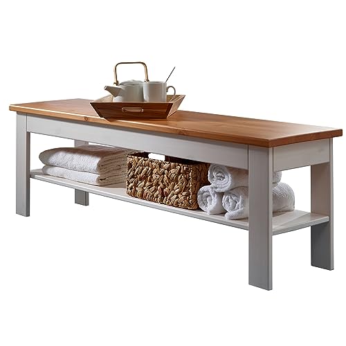 Lomadox Schlafzimmer komplett Set Doppelbett Bettschubkasten Nachkommode Kleiderschrank Bettbank SAVONA-69 in Kiefer massiv weiß mit Honig – Bild 6