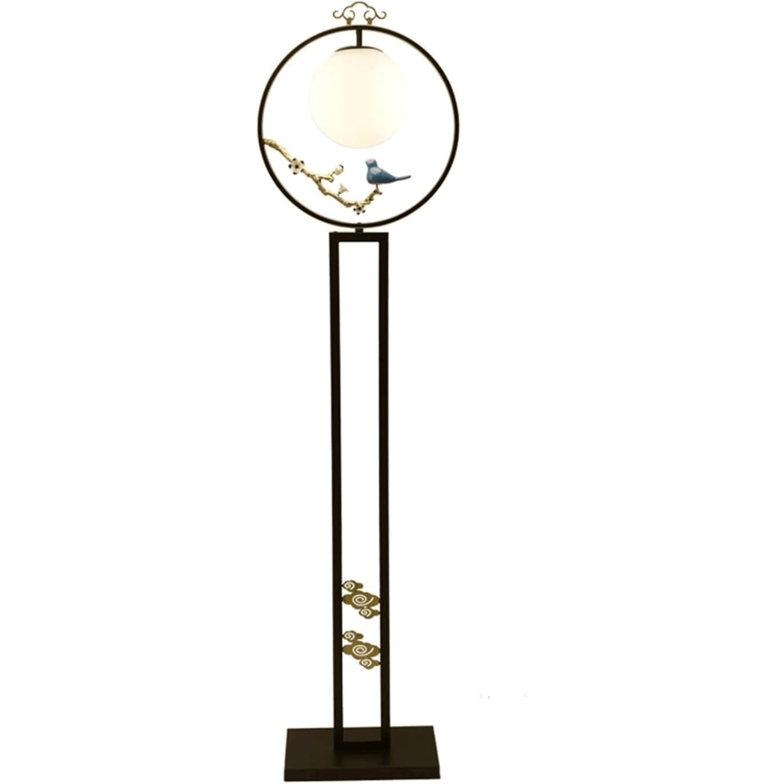Lámpara de pie de hierro y cristal con pájaro decorativo de cerámica