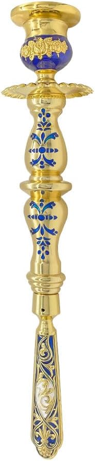 Orthodox Handheld Candle Holder, Gold Plated Enamel Byzantine Style, Christian Religious Ritual Candlestick for Church Worship (Blue)
