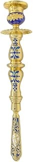 Orthodox Handheld Candle Holder, Gold Plated Enamel Byzantine Style, Christian Religious Ritual Candlestick for Church Worship (Blue)