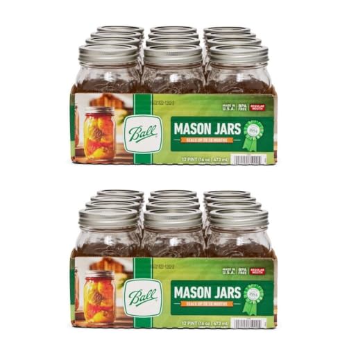 Ball Regular Mouth Glass Mason Jars with Lids and Bands, Used for Canning (Pint, 16 Ounce (Pack of 24))