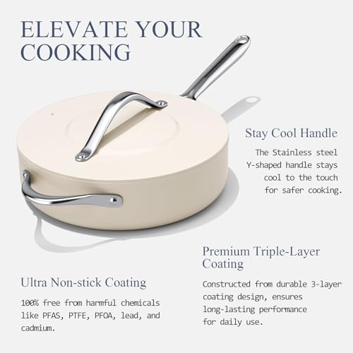 Image of CookinCraze 4.5 QT Ceramic Saute Pan with Lid, Nonstick Deep Frying Pan