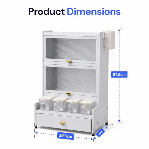 Image of Kitchen Storage Cabinet | Kitchen Cabinet with 2 Layer Kitchen Organiser, Drawer, 4 Storage Boxes & Side Holders | Dustproof Space Saving Carbon Steel Shelf | White 41 CM, Pack of 1