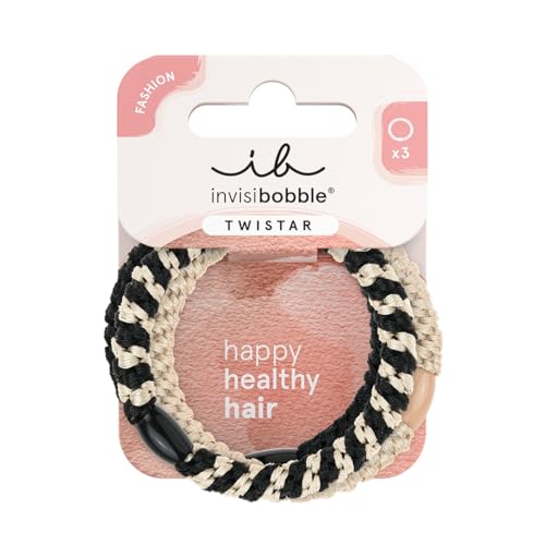 invisibobble Twistar Haargummi Classical Braids, Elegante Zopfgummi in Schwarz & Gold, Stylischer und haarschonender Haarschmuck, 3 StĂĽck