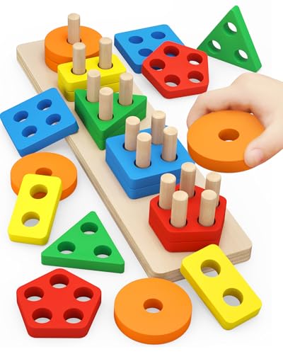 Image of PEBIRA Montessori Toys for 1 to 3-Year-Old Boys Girls Toddlers, Wooden Sorting & Stacking Toys for Toddlers and Kids Preschool, Educational Toys, Color Recognition Shape Sorter, Learning Puzzles Gift