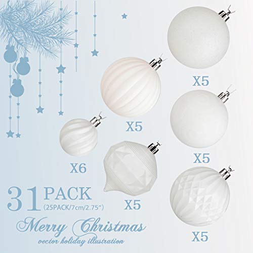 Jusdreen 31Pcs Christmas Balls Ornaments For Xmas Tree Shatterproof Christmas Tree Hanging Balls Decoration For Holiday Party Baubles Set With Hang Rope 1.97"/2.75" White #TOP1