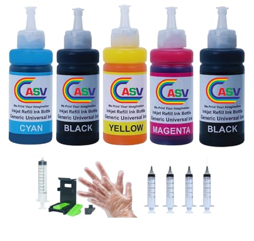 ASV 5x100gms (CMYKK Combo) Cartridge Inkjet Ink Refill Toolkit with Suction Tool Compatible with HP and Canon Cartridge Printers