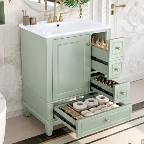 Image of Bellemave Bathroom Vanity with Ceramic Sink & 3 Drawers, 24 inch Bathroom Cabinet with Storage Shelves & Solid Wood Base, Freestanding Vanity Cabinet with Organizer (Light Green /24)