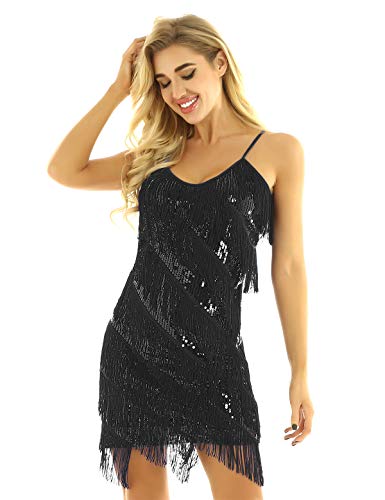YOOJIA Damen Abendkleider mit Pailletten Fransen Tanzkleid Latein Kleid Rumba Cha Cha Tango Samba Quaste Glitzer Kleid Cocktail Partykleider Schwarz Einheitsgröße Cover