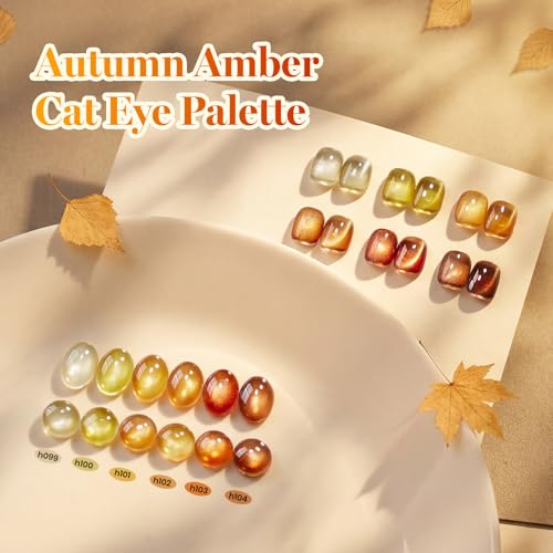 Image of Beetles Cat Eye Gel Nail Polish Set - Falling Gold 6 Colors 15ML Full Size Glitter Gel Polish Kit Gold Brown Orange Glass Cat Eye Magnetic Effect Soak Off UV Nail Art DIY Salon at Home Gift for Women
