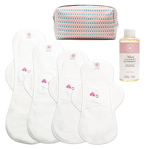 Hesta FDA Registered Organic Reusable Cloth Natural Sanitary/Menstrual Pads,Starter Value Kits PMS Relief (4Pads/White/Pouch/Detergent)