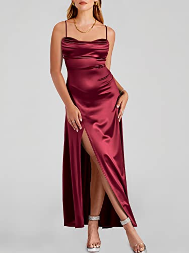 Anrabess Women Formal Satin Elegant Spaghetti Strap Cowl Neck Bodycon Slit Sexy Prom Cocktail Wedding Guest Maxi Dress Evening Party Graduation Prom Dresses 923Jiuhong-S Burgundy #TOP1