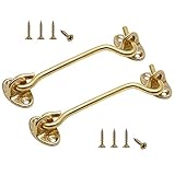 Kyuionty 2Pcs Solid Brass Barn Door Lock 4 Inch, Privacy Hook and Eye Latch, Thicken Gate Latch for Sliding Barn Door, Wooden Fence, Window, Cabin, Closet (Gold)