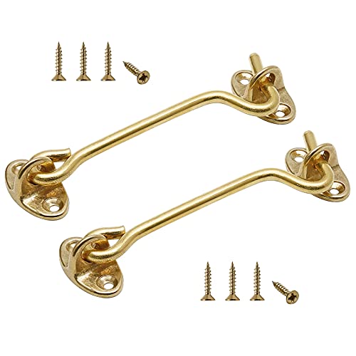 Kyuionty 2Pcs Solid Brass Barn Door Lock 4 Inch, Privacy Hook and Eye Latch, Thicken Gate Latch for Sliding Barn Door, Wooden Fence, Window, Cabin, Closet (Gold)