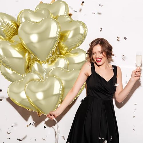 Image of Pastel Gold Heart Balloons - 18 Inch Foil, 10 Pcs Love Balloons for Valentines Day, Birthday, Wedding, Bridal, Baby Shower Decorations