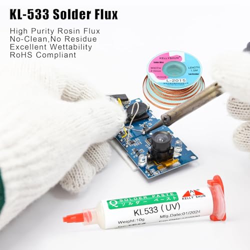 Image of KL-533 No Clean Soldering Flux & Solder Wick,Soldering Flux For Electronics Soldering 10ML /Bottle (2 PACK), 4.9Ft Desoldering Wick (1 PACK)