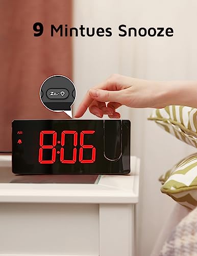 GOLOZA Projection Alarm Clock, Digital Clock with Modern Curved Design 180° Rotatable Projector, 3-Level Brightness Dimmer, Clear Red LED Display, Progressive Volume, 9mins Snooze,12/24H, for Bedroom
