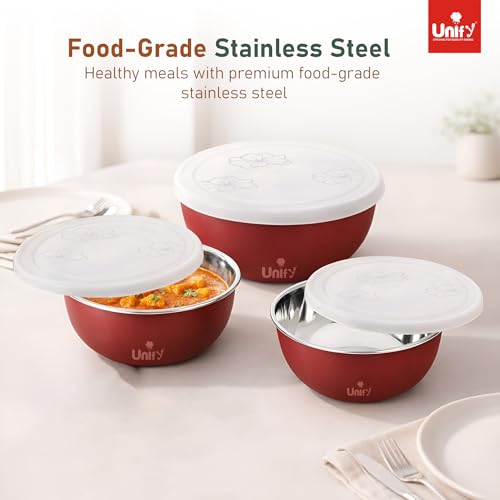 Image of Unify 3 Pieces Stainless Steel Bowl Set with Lid (1100ml, 750ml, 550ml) | Food Grade Steel Mixing & Storage Bowls | Multipurpose Kitchen Container for Dal, Sabzi, Curd & Leftovers
