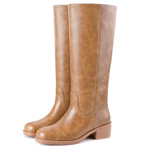 Image of Gothictor Women's Banana Knee High Boots Square Toe Chunky Block Heel Comfortable Low Heel Pull on Wide Calf Riding Long Boots for Women
