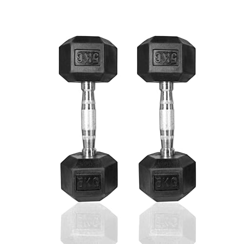 FITTTECH Rubber Coated Hex Dumbbells (5 Kg) | Anti-Roll Design | Cast Iron Core | Chrome Knurled Handle | Home Gym & Strength Training (BLACK, 5 Kg Set Of 2)
