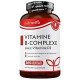 Vitamine B Complex Extra Fort avec Vitamine D   365 Comprimés 1 an d'Approvisionnement   Sans Gluten   8 Vitamines B actives   B1, B2, B3, B5, B6, B7 (Biotine) B9 (Acide Folique) B12   Nutravita