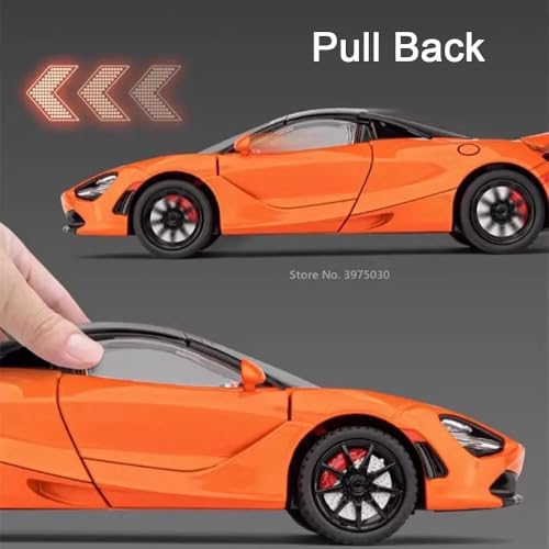 Image of 1:24 McLaren 720S Convertible Diecast Car | Alloy Metal Pull Back Toy Car with Openable Doors, Lights & Music | Model Car for Kids Boys Girls Gift & Collectors (Orange)