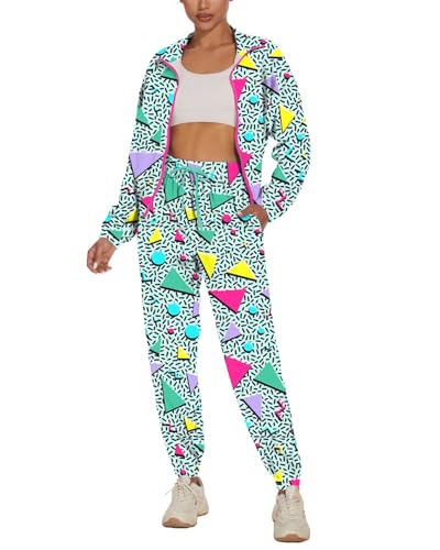 UOUA Frauen Farbe Block 2 Stück 80er 90er Outfits Langärmel Windbreaker Jacke Trainingsanzug Set Weißer Druck S