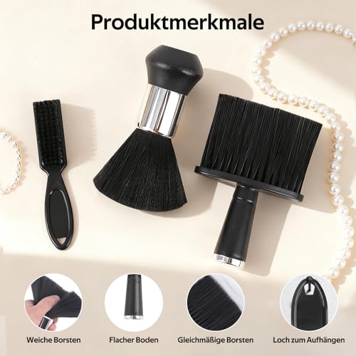 Heqxwl 3 Stück Friseurbürste Set – Schwarze Nackenpinsel mit ergonomischem Griff, Soft Barber Haarpinsel für Haarreinigung bei Haarschnitt, Friseursalon & Heimgebrauch